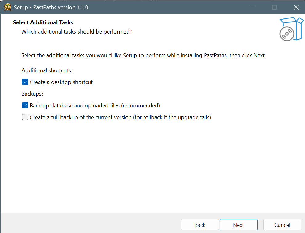 Choice of shortcut and backups